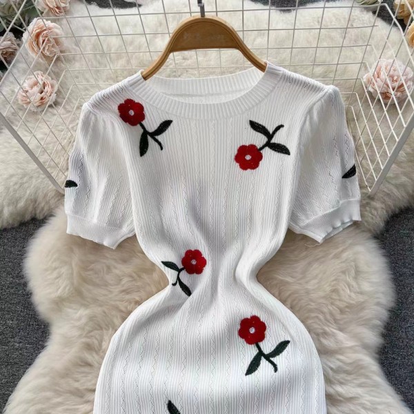 Embroidered Rose Knitted Dress