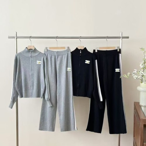 Slim fit sports exterior zipper top, wide leg pants, knitted two-piece set