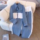 Two piece set of long sleeved shirt and wide leg long pants