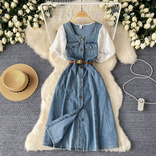 Square neck bubble sleeve patchwork denim long skirt