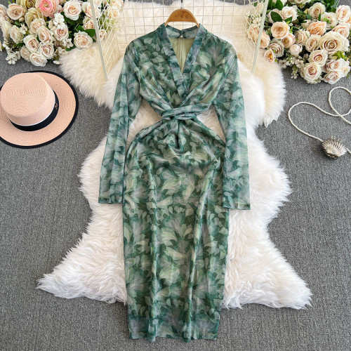 Long sleeved V-neck lace up mid length hip print dress