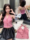 Blue checkered backless halter top tank top