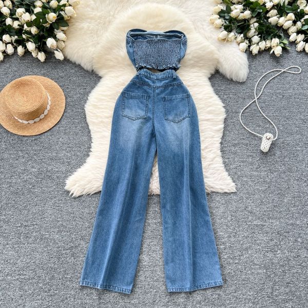 Hollow out sleeveless high waisted ripped denim jumpsuit