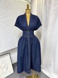 Deep V-neck cinched waist button pleated denim skirt