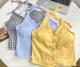 Blue checkered backless halter top tank top