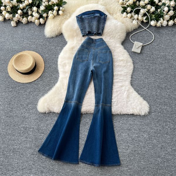Cowboy sleeveless strapless vest+high waisted denim trumpet pants hot stamping set