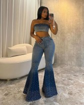 Cowboy sleeveless strapless vest+high waisted denim trumpet pants hot stamping set