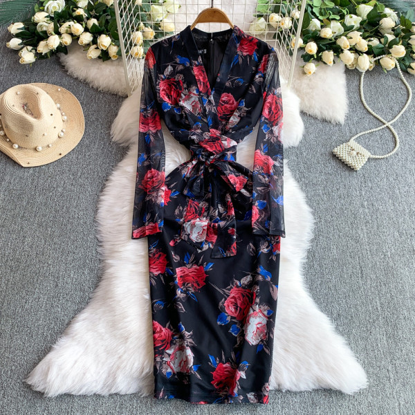 Long sleeved V-neck lace up mid length hip print dress