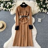Long sleeved metal button waist cinching slit knitted long skirt