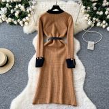 Long sleeved metal button waist cinching slit knitted long skirt