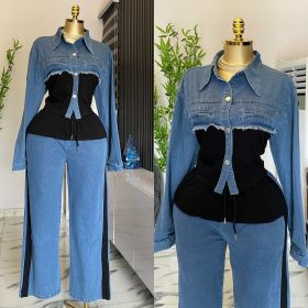 Two piece set of long sleeved shirt and wide leg long pants