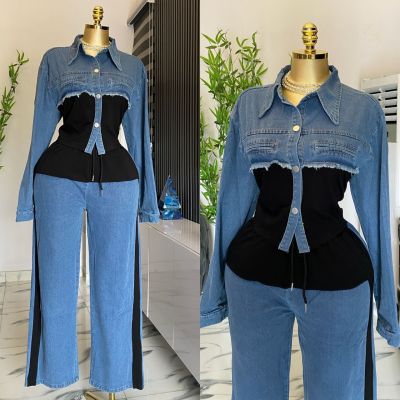 Two piece set of long sleeved shirt and wide leg long pants