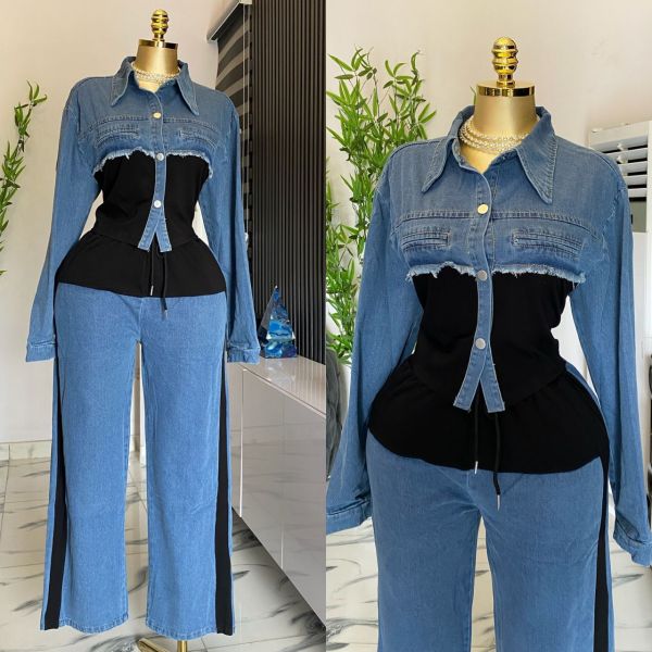 Two piece set of long sleeved shirt and wide leg long pants