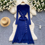Metal button waist cinching long slit knit dress