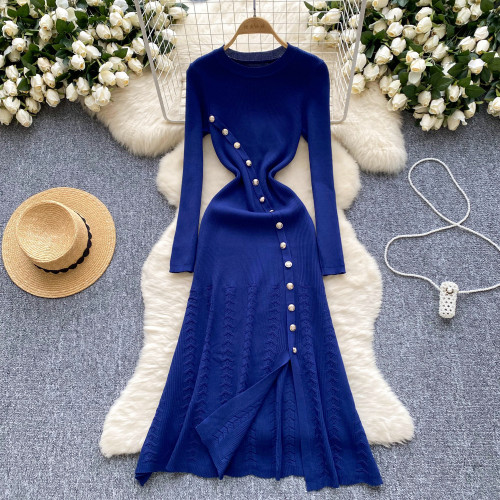 Metal button waist cinching long slit knit dress