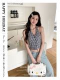 Blue checkered backless halter top tank top