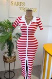 Color blocked lapel single breasted striped knitted dress