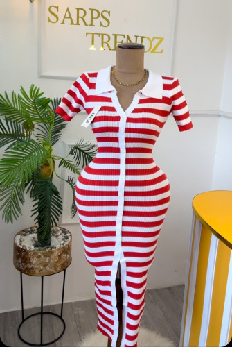 Color blocked lapel single breasted striped knitted dress