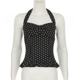 Polka dot neck strapless vest with black fungus edge hem and suspender top