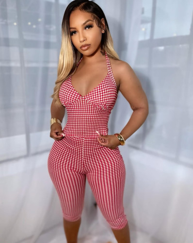 Grid printed elastic short camisole top, hip hugging pants set