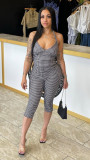Grid printed elastic short camisole top, hip hugging pants set