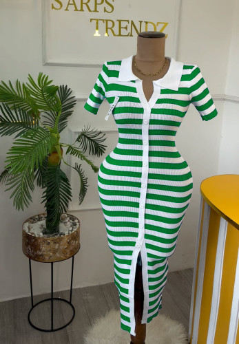 Color blocked lapel single breasted striped knitted dress