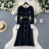 Long sleeved metal button waist cinching slit knitted long skirt