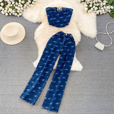 Strapless denim vest straight leg pants two-piece set
