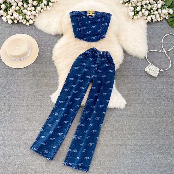 Strapless denim vest straight leg pants two-piece set