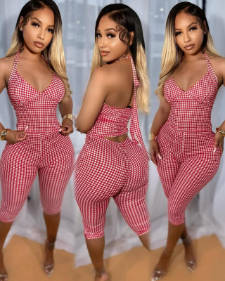Grid printed elastic short camisole top, hip hugging pants set