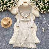 Metal button waist cinching long slit knit dress