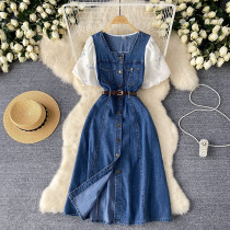 Square neck bubble sleeve patchwork denim long skirt Square neck bubble sleeve patchwork denim long skirt