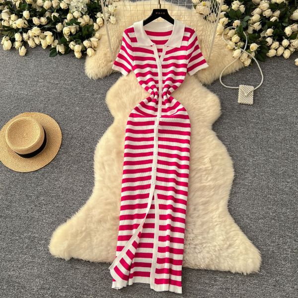Color blocked lapel single breasted striped knitted dress