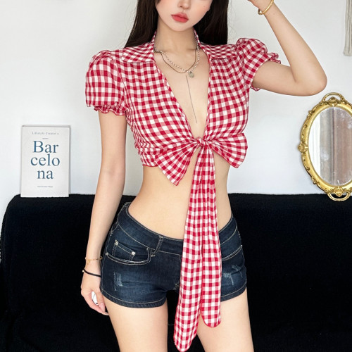 Deep V-notch plaid versatile top with exposed navel