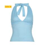 Polka dot neck strapless vest with black fungus edge hem and suspender top