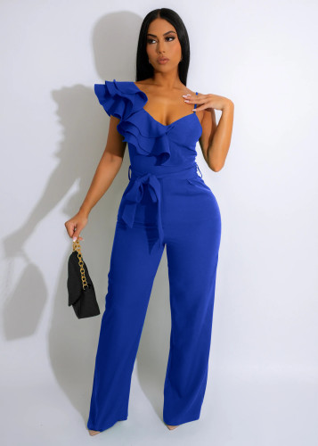Lotus leaf edge single shoulder sleeveless waist cinched deep V loose solid color jumpsuit