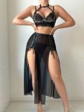 Four-piece lingerie set featuring a halter lace-up slit mesh skirt