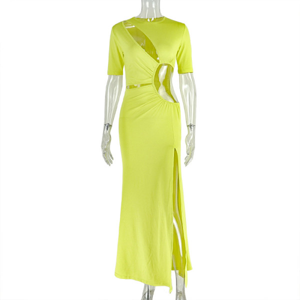 Hollow-out slit irregular skirt round neck pure color pleated dress