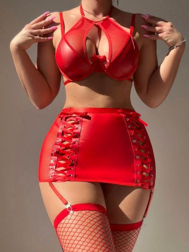 Perspective mesh and leather stitching bandage black split sexy lingerie set