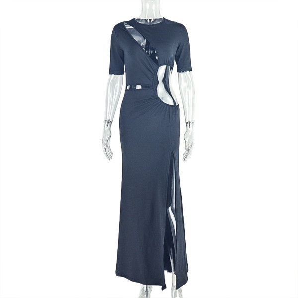 Hollow-out slit irregular skirt round neck pure color pleated dress