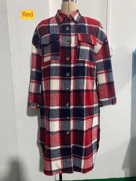 Large size long split woolen plaid trench coat jacket
