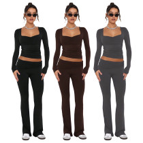 Low collar long sleeved low waisted flared pants two-piece set