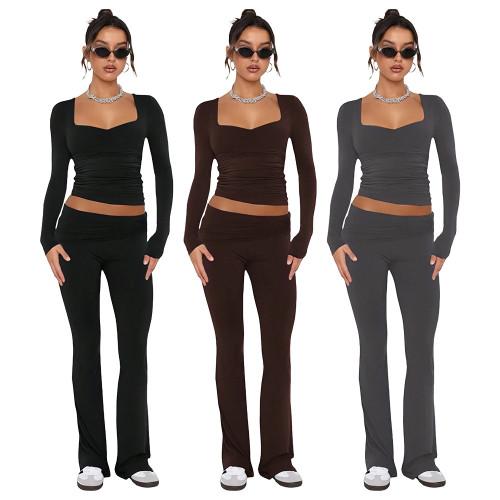 Low collar long sleeved low waisted flared pants two-piece set