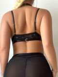 Four-piece lingerie set featuring a halter lace-up slit mesh skirt