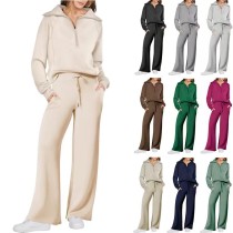 Sports zipper long sleeved sweatshirt wide leg pants two-piece set