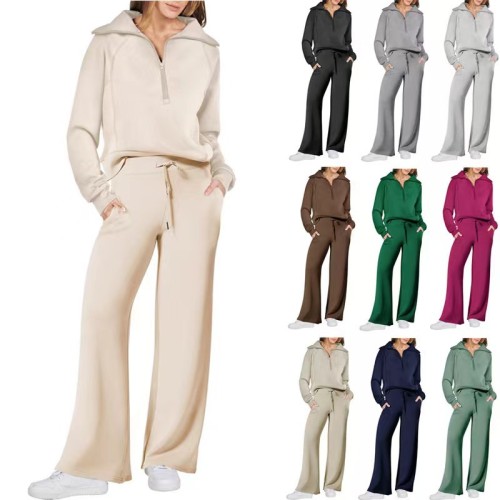 Sports zipper long sleeved sweatshirt wide leg pants two-piece set