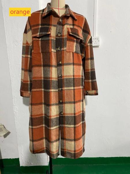 Large size long split woolen plaid trench coat jacket