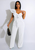 Lotus leaf edge single shoulder sleeveless waist cinched deep V loose solid color jumpsuit