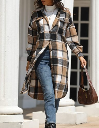 Large size long split woolen plaid trench coat jacket