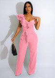 Lotus leaf edge single shoulder sleeveless waist cinched deep V loose solid color jumpsuit